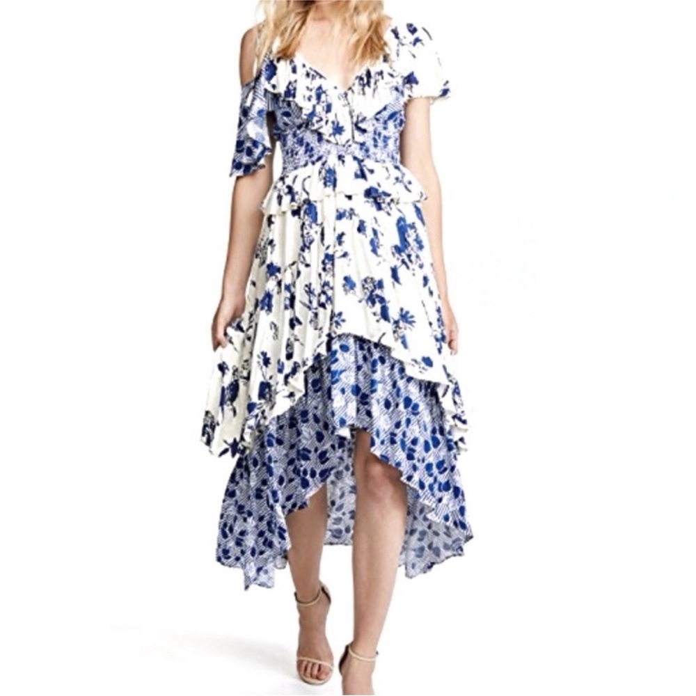 Misa Los Angeles Liv Blue White Floral Ruffle High Low Hem Dress Size Small